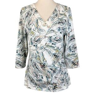 Talbots Paisley Faux Wrap Top Cotton 3/4 Sleeve Ruching Comfort Womens 2X Spring